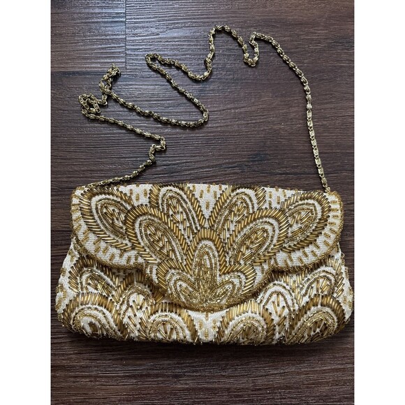 La Regale Handbags - Vintage Gold Hand Beaded Clutch Convertible Shoulder Bag MCM Art Deco Y2…
